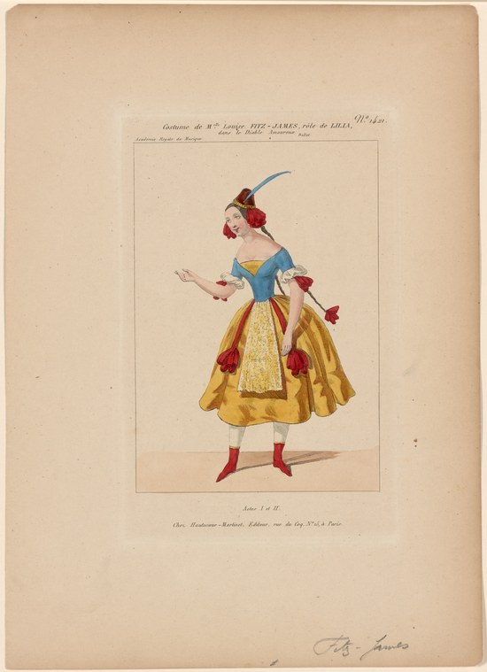 Hand-colored engraving of a dancer in blue bodice and full golden skirt with red rosettes, wearing red heeled shoes and tall feathered headdress.