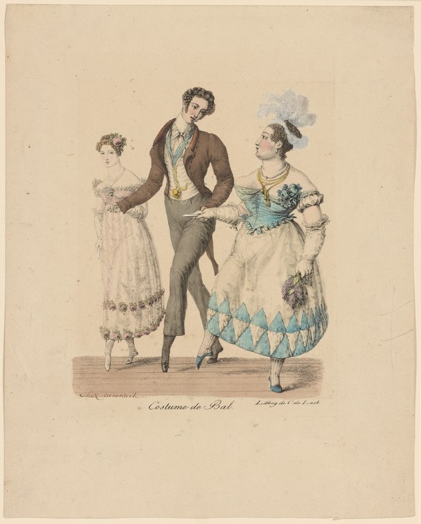 Hand-colored print of three figures in Regency-era ball costume: a man in dark coat and two women in muslin gowns pose in conversation.