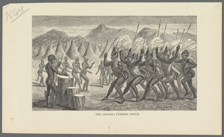 Wood engraving of Latooka people performing a funeral ceremony, with spears raised vertically, mountains in background, and a European observer on a platform.