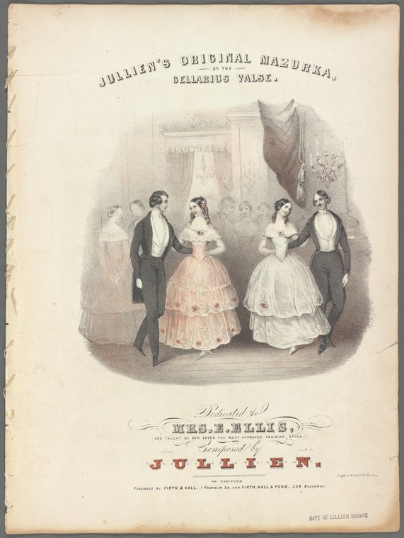 Four couples in 1840s formal dress arranged in a ballroom interior; women in bell-shaped skirts, men in tailcoats and white shirt fronts.
