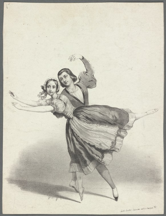 Male and female ballet dancers in a dramatic lift; she is airborne and arched backward, he supports from below. Both in 19th-century costume.