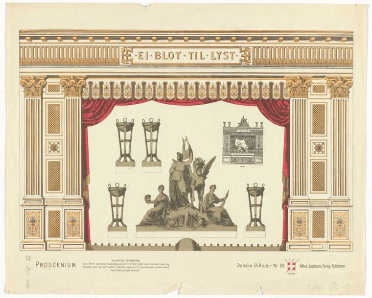 Hand-colored engraving of a classical allegorical tableau on a stage, showing a robed female figure with putti, flanked by ornamental vessels, within an ornate