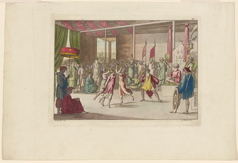 Three dancers in colorful tunics perform an energetic group dance in a columned hall while courtiers watch from the sides.