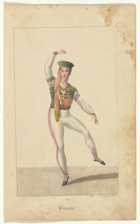 Pale figure in an ornate embroidered green tunic and cap, suspended in a high leap with one leg extended, arms raised, against a cream background.