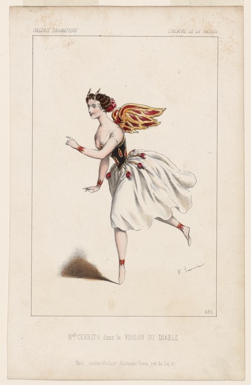 A female ballet dancer in a white romantic-era tutu leaps through the air, one arm extended, a flowing red-gold ribbon streaming behind her.