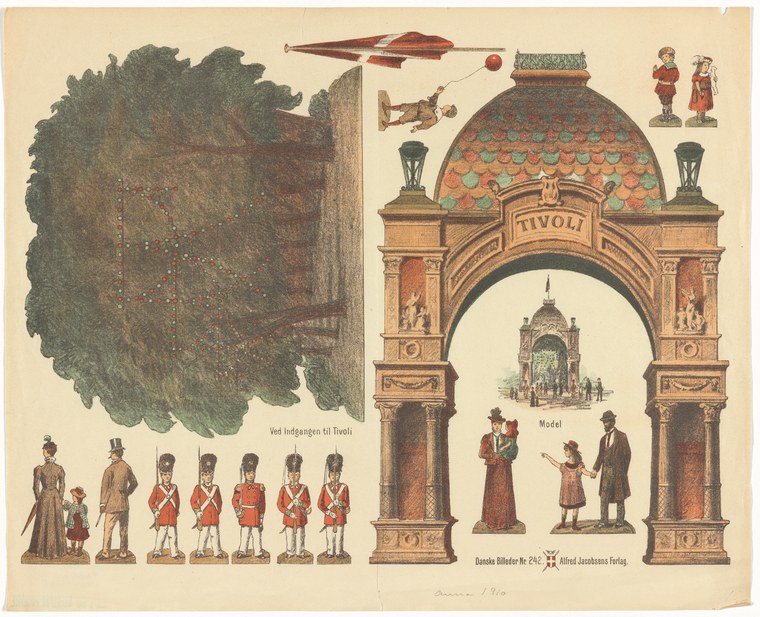 Chromolithograph showing Tivoli Gardens archway with airships above, formal figures below, and Danish costume types in a lineup.