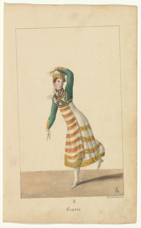 A hand-colored engraving of a woman in a Croatian theatrical costume with green hood, striped skirt, and fitted bodice, standing in a neutral pose.