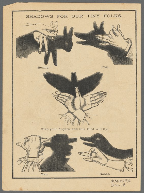 Instructional page with five hand positions creating animal and human silhouettes: bunny, fox, flying bird, man, and goose.