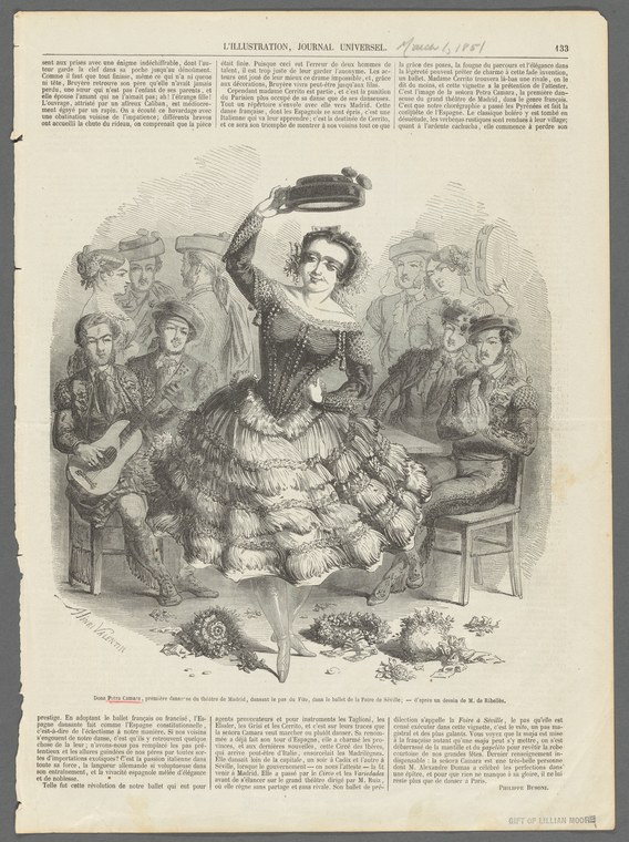 Mid-19th-century engraving of a woman in a full ball gown, one arm raised, surrounded by men and women in period dress observing her dance.