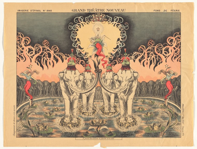 Hand-colored engraving of two ornate elephants in mirror symmetry, paraded before a theatrical arch and massed audience.