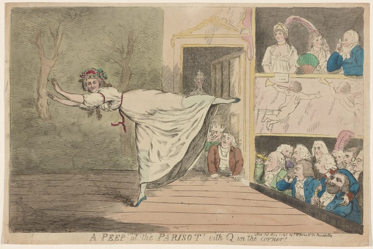 A woman in a white gown performs an arched, airborne pose before a doorway, watched by multiple audiences in theater boxes and windows.