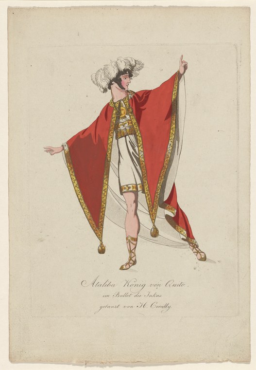 A single dancer in scarlet cloak and plumed headdress raises one arm to hold the cloak aloft while extending the other in a commanding gesture.
