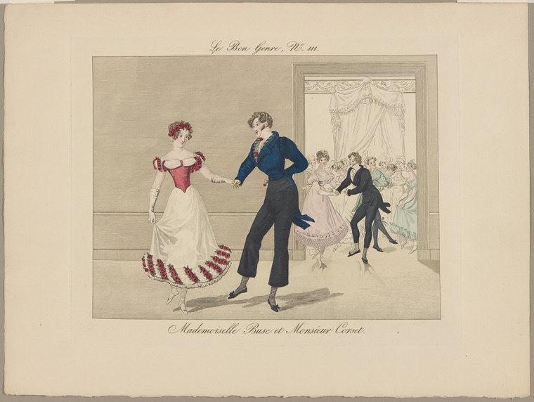 Hand-colored print showing a woman in red velvet and white striped skirt and a man in dark coat facing each other in a formal salon, with seated spectators in