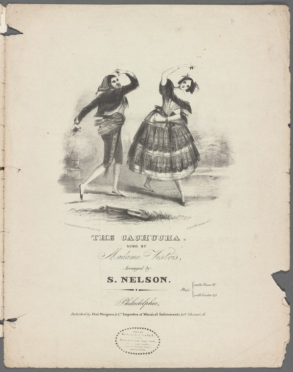 Two theatrical dancers in dynamic poses: a man in tailcoat leaning back with raised arm, a woman in striped full skirt with both arms raised.