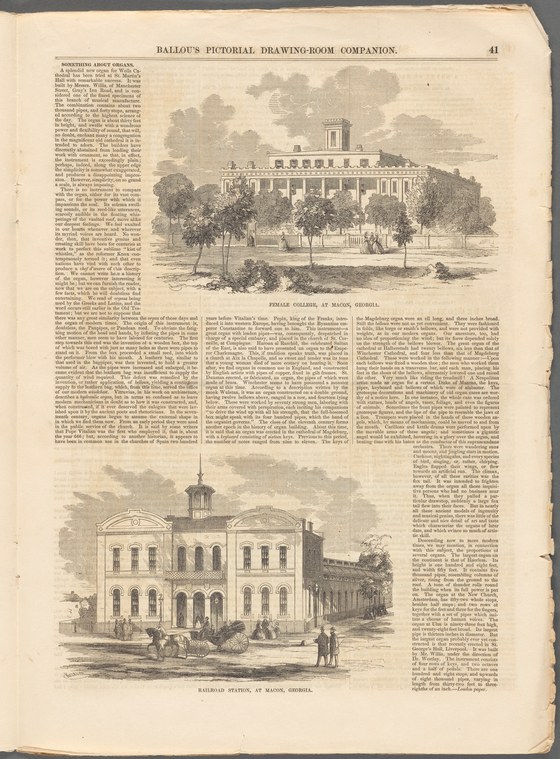 Two wood-engraved architectural views: Roanoke College at Salem, Virginia (top) and Raisom Depot in Macon, Georgia (bottom), with surrounding text from a