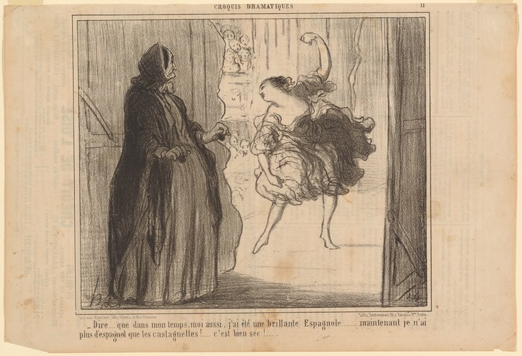 Engraving: elderly woman in dark coat on left faces ethereal young Spanish dancer in mid-leap on right, castanets raised, with inscription on aging and lost