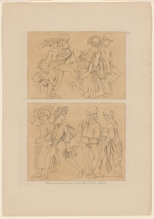 Two pen sketches showing peasant figures in animated poses with period dress and elaborate gestures, suggesting festive dancing.