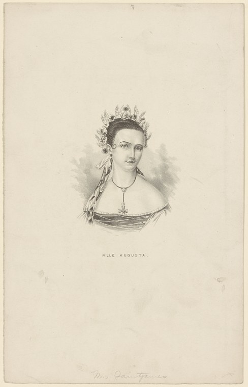 Engraved bust-length portrait of a young woman in classical drapery and a jeweled tiara, identified as Mlle. Augusta.