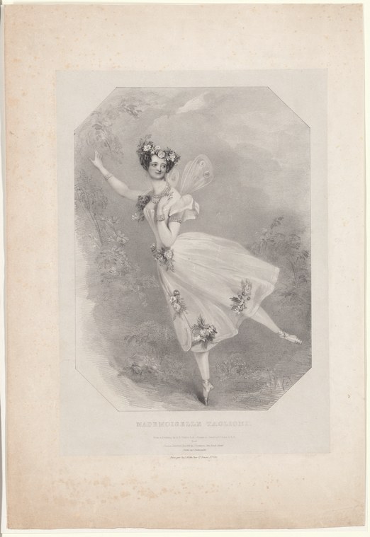 A young woman in white tulle and a floral crown floats weightlessly across a moonlit, misty landscape, one arm raised, in a pose of ethereal beauty.