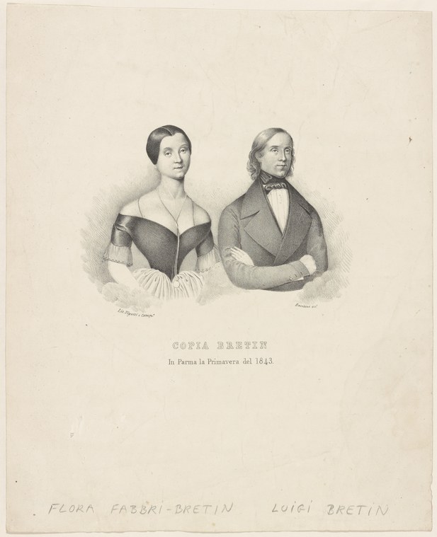 Lithograph portrait of two formally dressed dancers named Flora Fabri-Bretin and Luigi Bretin, shown bust-length in 1843.