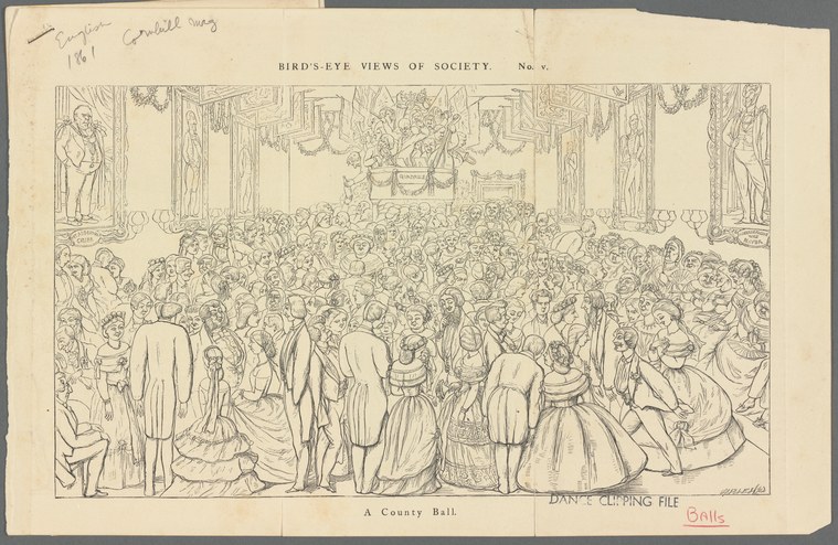 Dense engraving of a crowded ballroom with couples in formal dress dancing among columns while others stand and socialize.