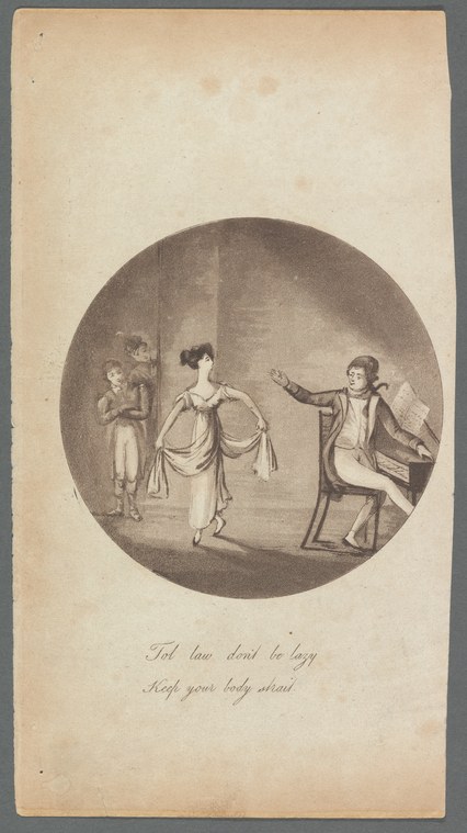 Three figures in classical dress in a dark interior: upright woman center, gesturing men on either side, with moral instruction text below.