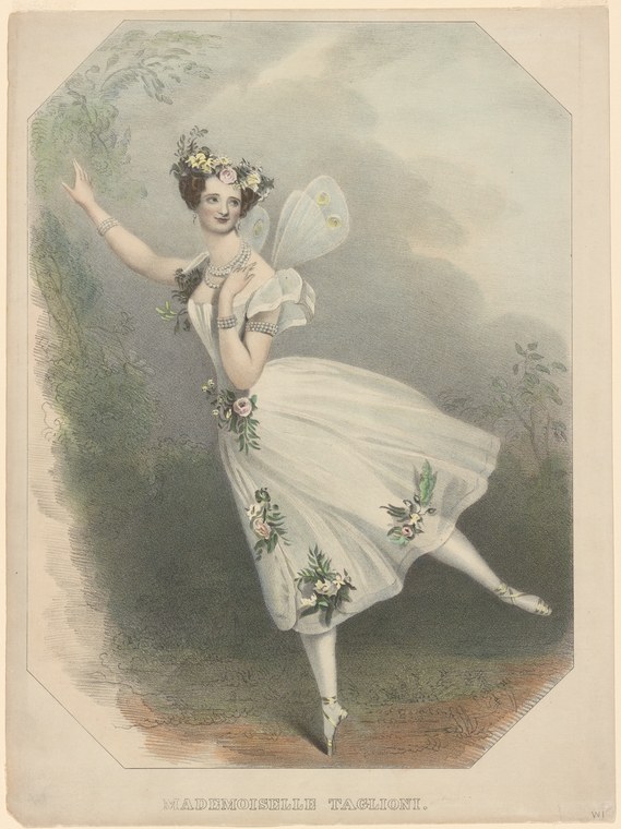 Young woman in white Romantic ballet costume poised en pointe, arms raised, wreath of flowers in her hair, against a misty forest setting.