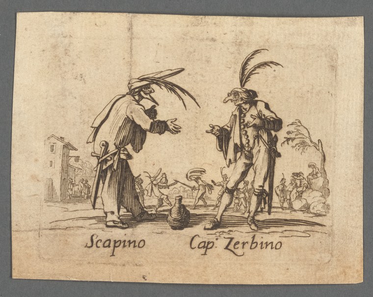 Two men in elaborate theatrical costume and plumed hats stand in wide, energetic poses facing each other in a public square.