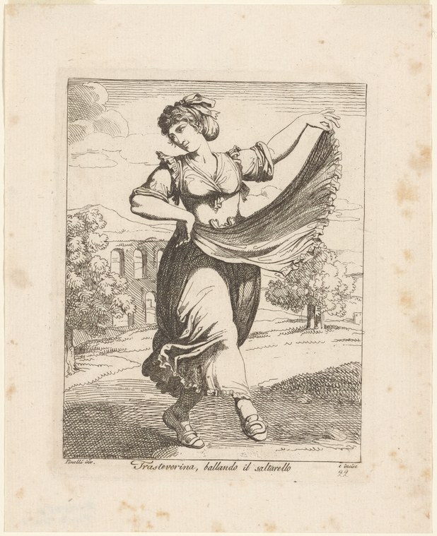 A woman in early 19th-century dress executes a saltarello jump-dance in an outdoor Italian square, one leg raised, holding a streaming scarf high overhead.