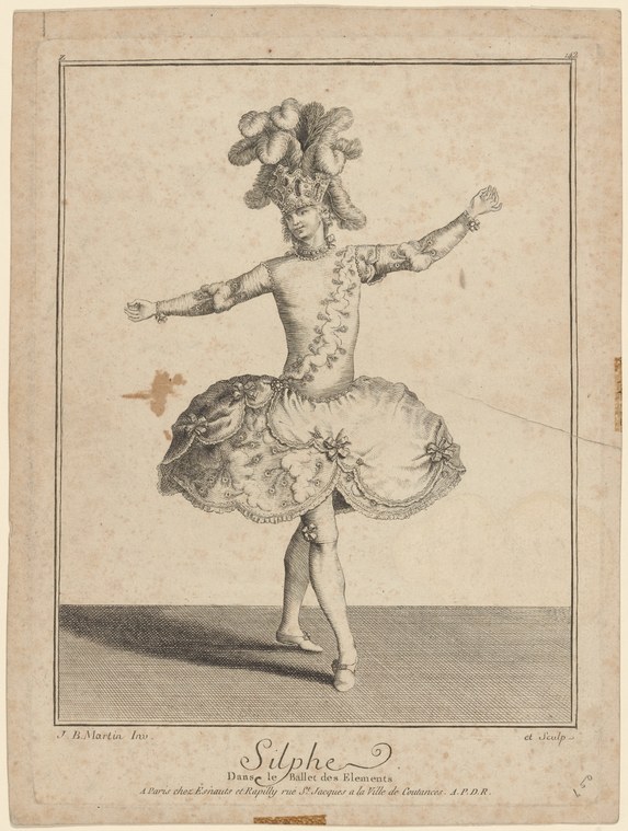 An engraved figure of a woman in an elaborate court dress and towering headdress, standing in ballet posture with arms extended.