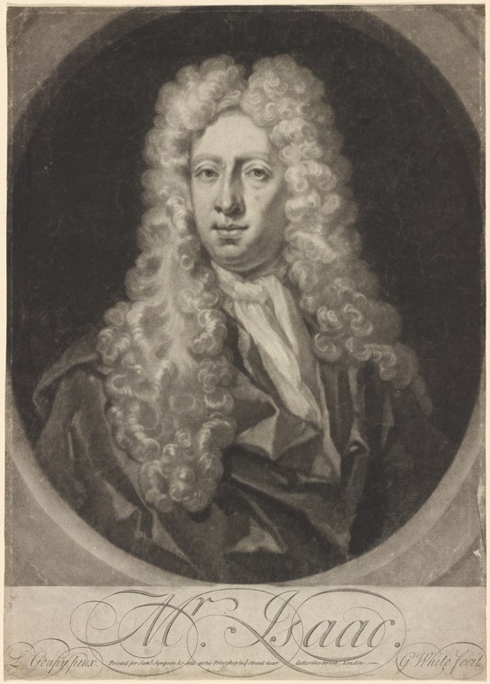 Formal engraved portrait of Mr. Isaac, a late 17th-century dancing master, in periwig and coat.