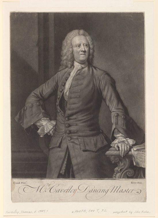 Engraved portrait of an 18th-century dancing master in formal dress, extending his right arm in a teaching gesture.