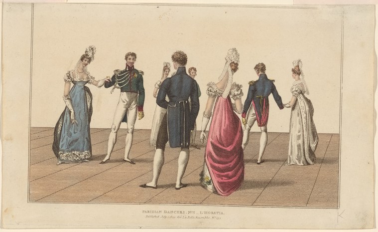 Six formally dressed figures in Regency-era clothing stand in a line on a wooden floor, frozen in ballroom presentation rather than active dance.
