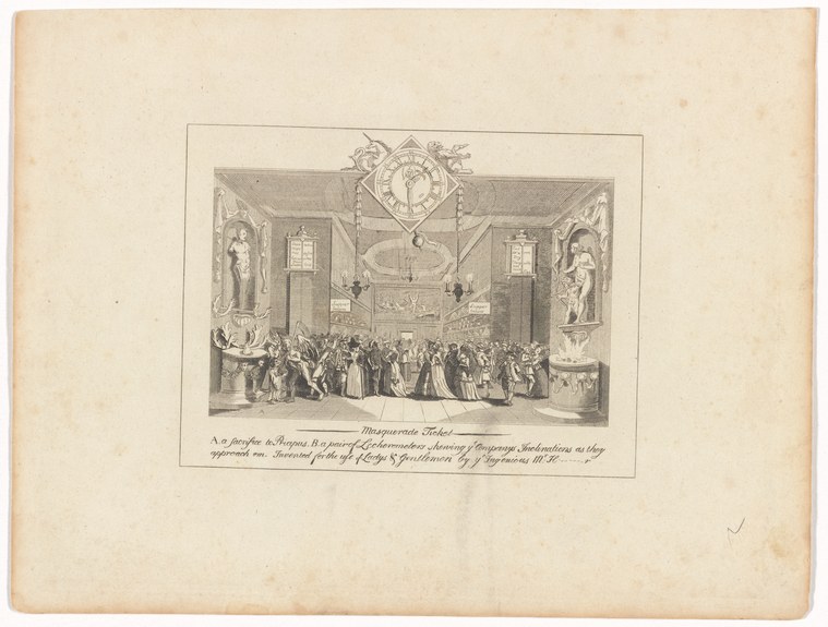 An 18th-century engraving of a masquerade ball in a grand room, with dozens of costumed and masked guests in elaborate dress gathered in conversation.