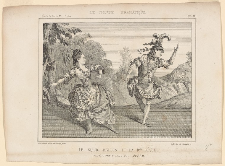 Two 18th-century dancers in ornate theatrical costume perform a scene together on a stage with landscape backdrop.
