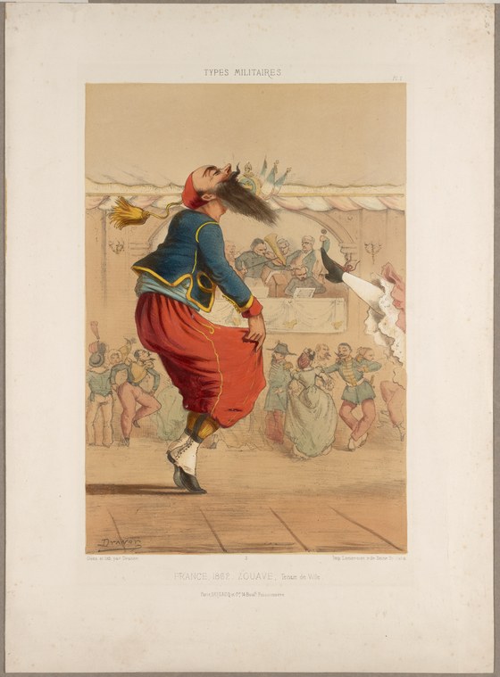A soldier in a French Zouave uniform performs a dramatic high kick with extreme spinal extension before a crowded theatre audience.