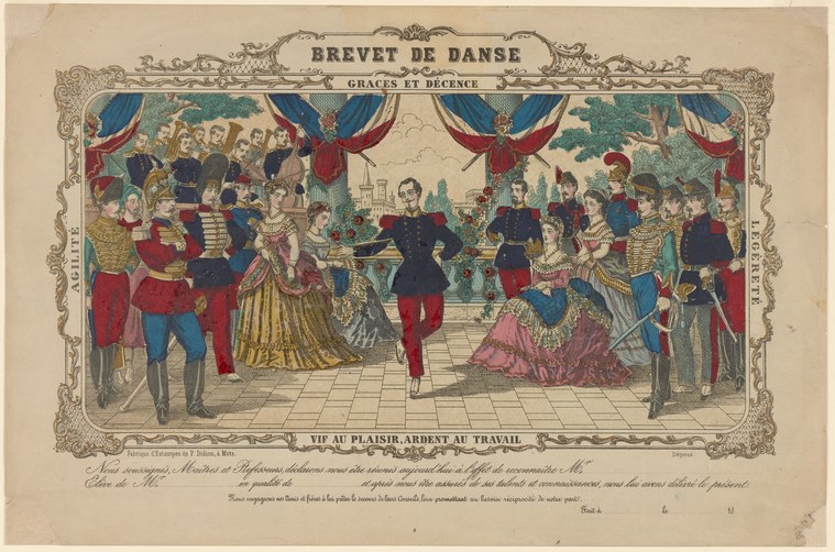 A formal couple dances in the center of a columned ballroom, surrounded by watching courtiers in rich dress.