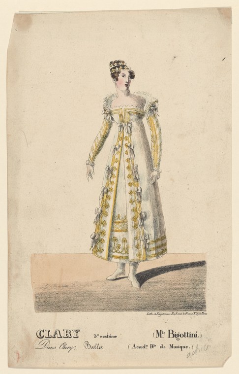 Hand-colored engraving of a woman in Regency dress with gold-embroidered overdress, high-pinned hair, and long gloves, standing upright.