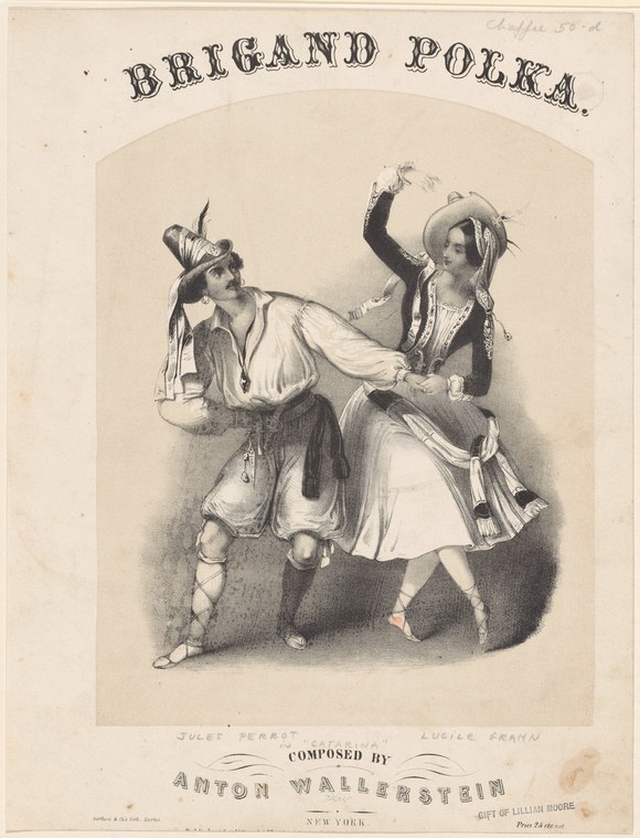 Lithograph of two figures in brigand costume dancing a polka, man in white shirt and vest with raised arm, woman in white dress with tall plumed headdress.
