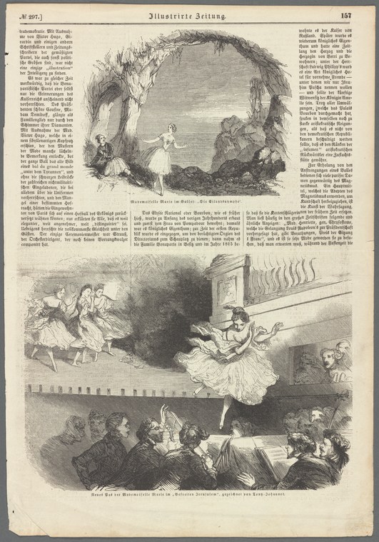Three scenes of ballroom dancers experiencing mishaps: a woman's dress caught on a tree, a dancer collapsing on a ballroom floor, and spectators in alarm.