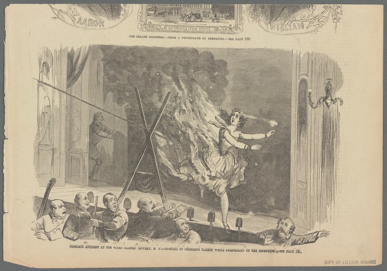 An engraving showing a female dancer in classical costume gesturing in alarm above scattered musicians and instruments on stage.