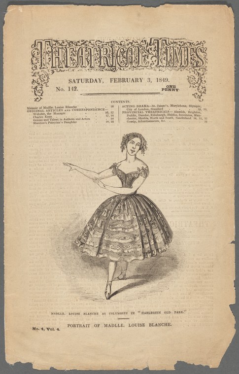 Woman in mid-19th-century theatrical costume with full pleated skirt, holding a wand, poised in an upright stance.