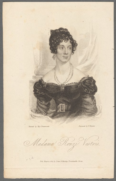 Engraved portrait of a woman in Regency dress with dark curled hair, puffed sleeves, and a low neckline, facing the viewer with a slight smile.