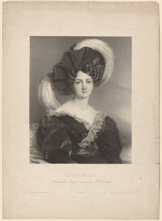 Engraved portrait of a woman in dark velvet dress with white feathered headdress, early 19th-century Romantic era theatrical costume.