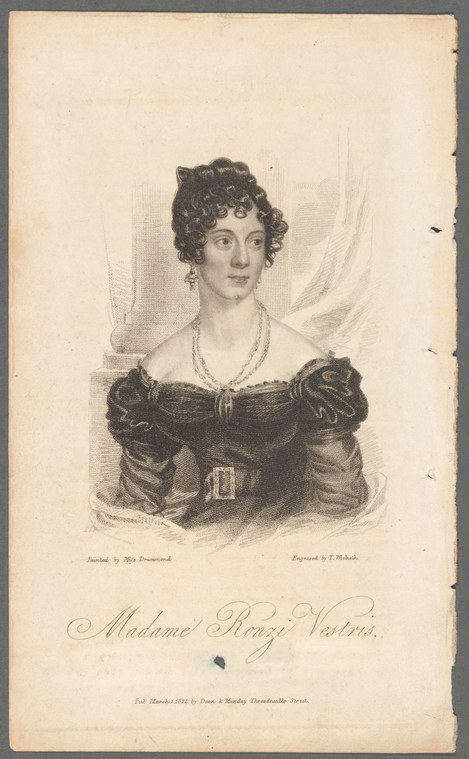 Engraved portrait of a woman in Regency dress with dark curled hair, puffed sleeves, and a brooch, facing the viewer with dignified bearing.