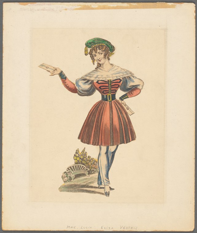 A standing woman in a red pleated skirt and black corset poses with one arm extended, wearing a green hat and ornate heeled shoes, holding a decorative fan.