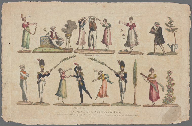Nine figures in Empire-line dress and early 19th-century costume posed separately across two rows on a theatrical stage print.