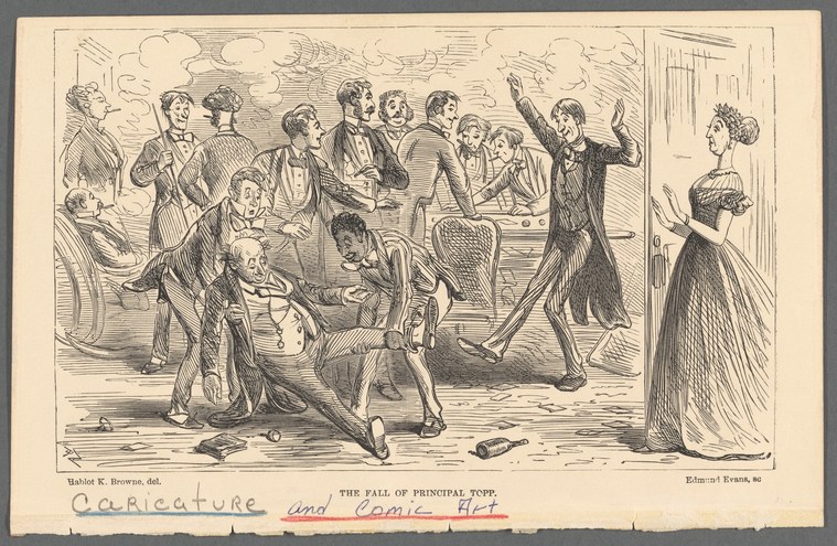 Engraving of a woman collapsed on a ballroom floor surrounded by formally dressed figures gesturing in alarm.