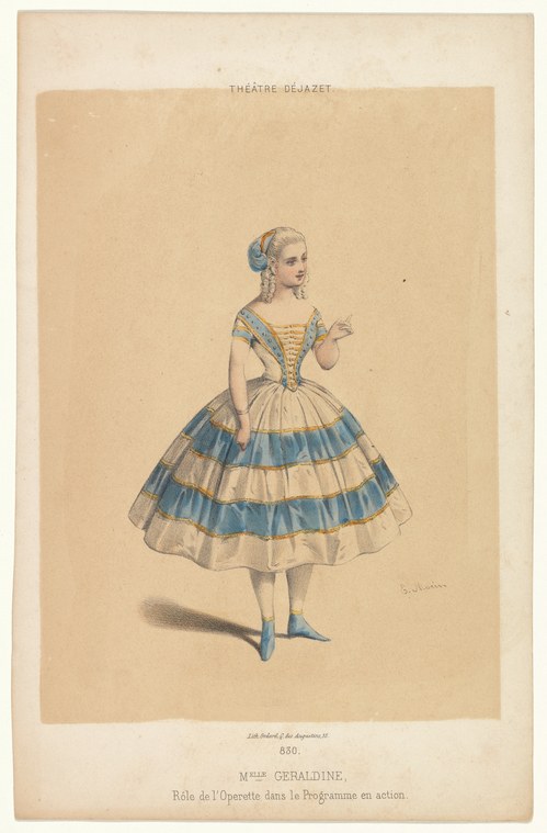 Hand-colored engraving of a woman in a pale yellow ball gown with blue-trimmed tiered skirt, posed in classical ballet stance with raised left arm.