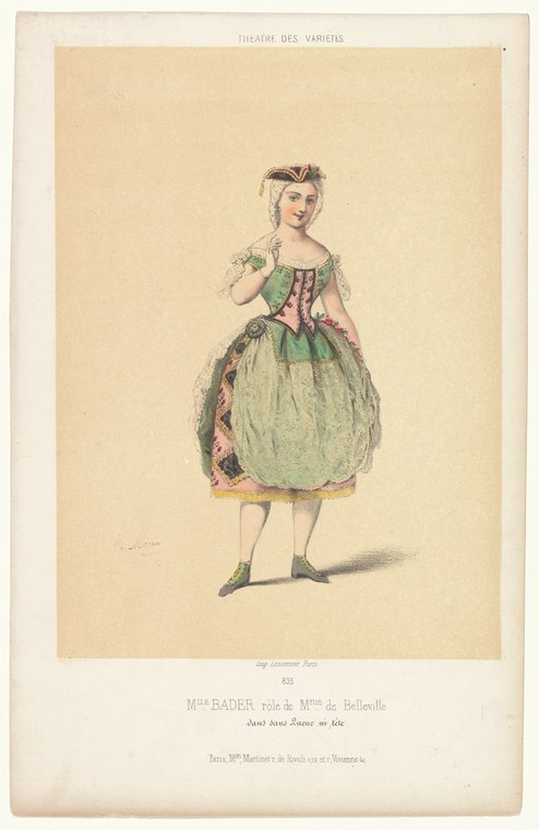 Hand-colored lithograph of a woman in Romantic-era ballet costume: pale green full skirt, mauve bodice, flowers in hand, upright pose.